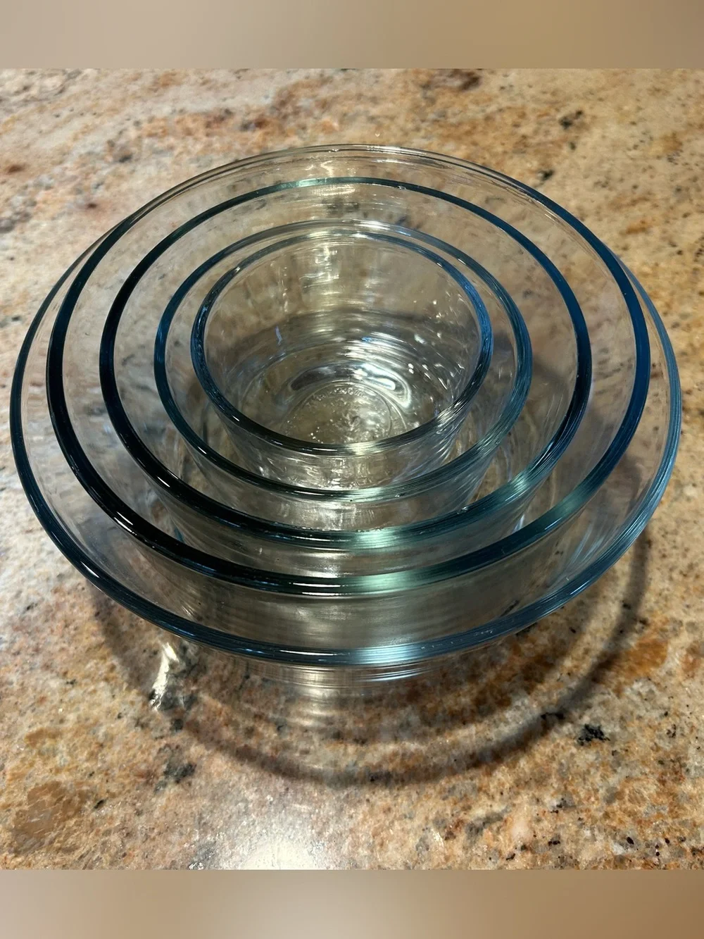 Anchor Hocking Gray Blue Rim Clear Glass Mixing Bowl Set (5) 1C,2C,4C,7C & 8Cup.